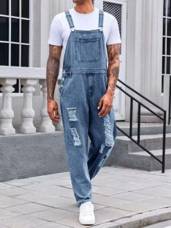 Men’s Distressed Denim Overalls