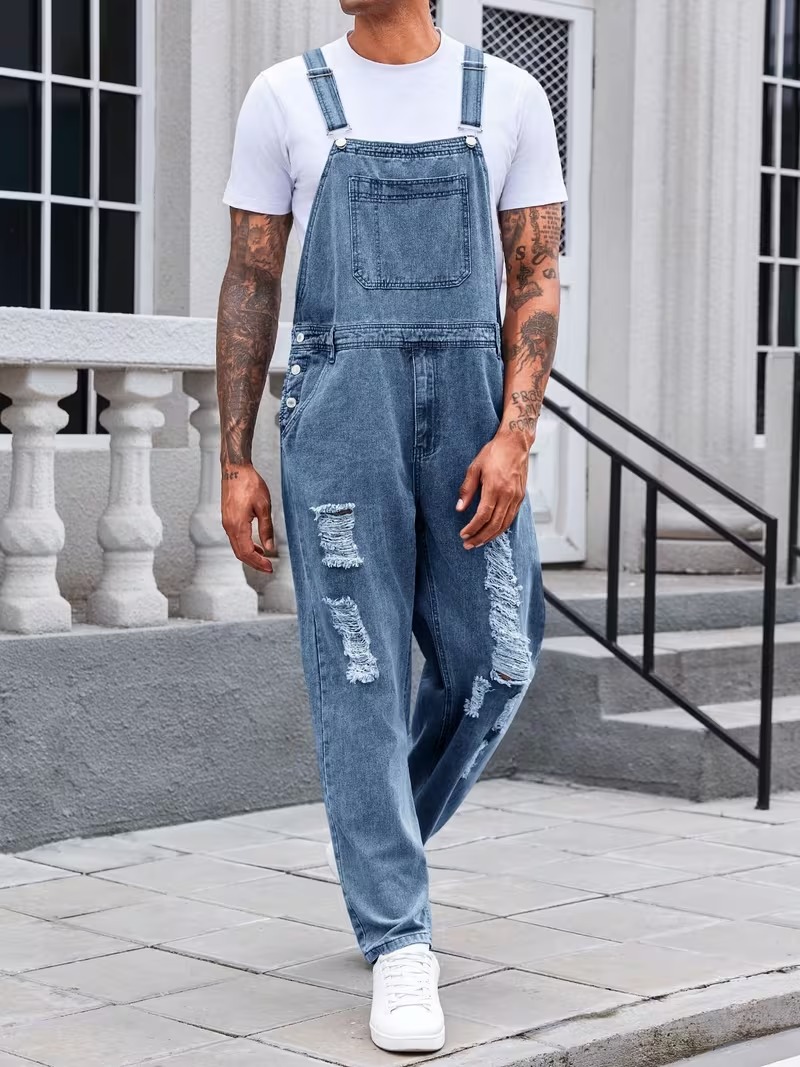 Men’s Distressed Denim Overalls