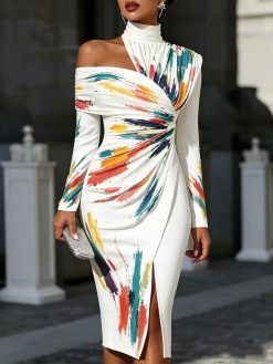Women’s Abstract Print Off-Shoulder Ruched Midi Dress
