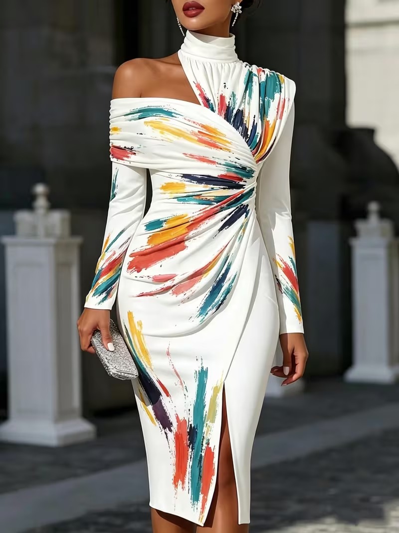 Women’s Abstract Print Off-Shoulder Ruched Midi Dress